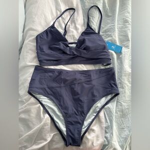 Blue Bikini with High Waisted Bottoms
